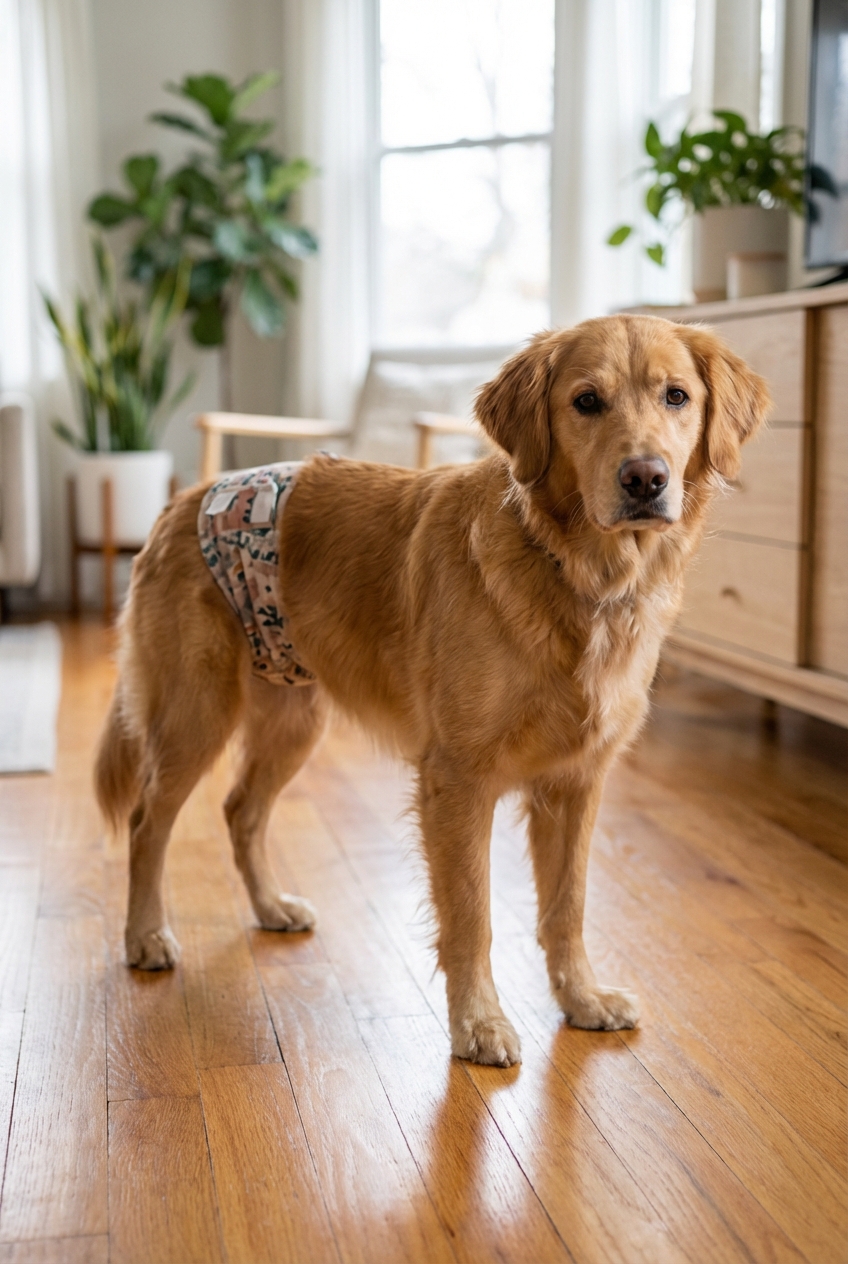 A medium-sized female dog wearing a heat diaper while standing indoors on a clean floor