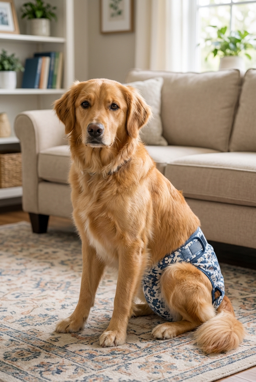 A medium-sized female dog wearing a well-fitted reusable heat diaper indoors
