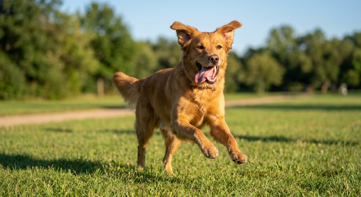 A medium-sized male dog running in a grassy park with ears perked and mouth open in a happy expression