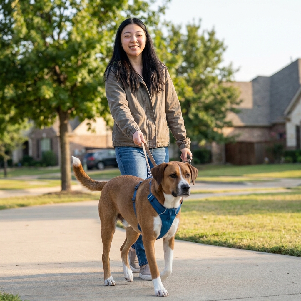 A medium-sized male dog wearing a front-clip harness while walking calmly beside his owner
