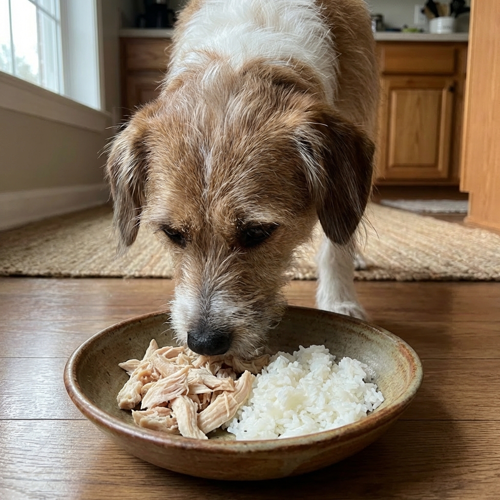 A medium-sized mixed-breed dog calmly eating a small portion of plain cooked chicken and rice from a ceramic bowl