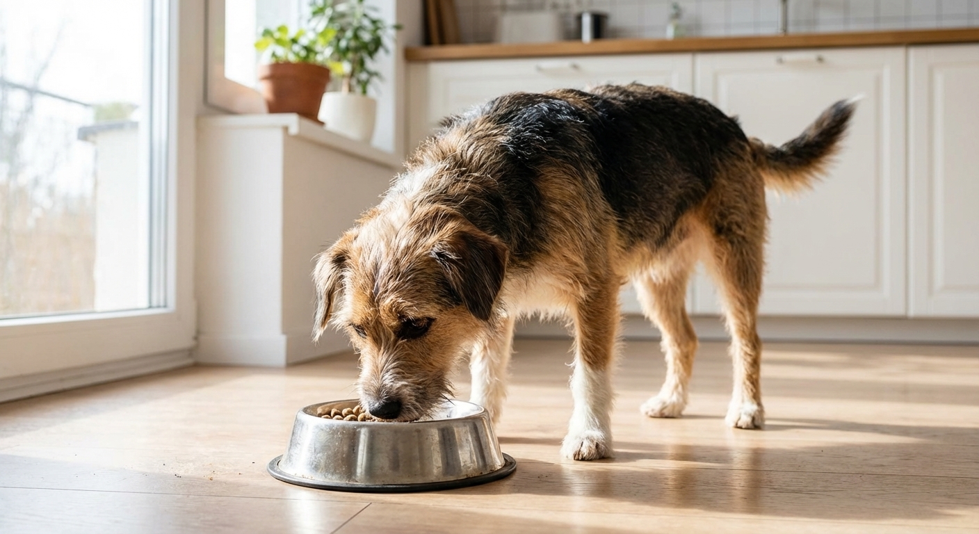 A medium-sized mixed-breed dog eating a small portion of plain food from a stainless-steel bowl in a bright kitchen, natural window light, realistic photography