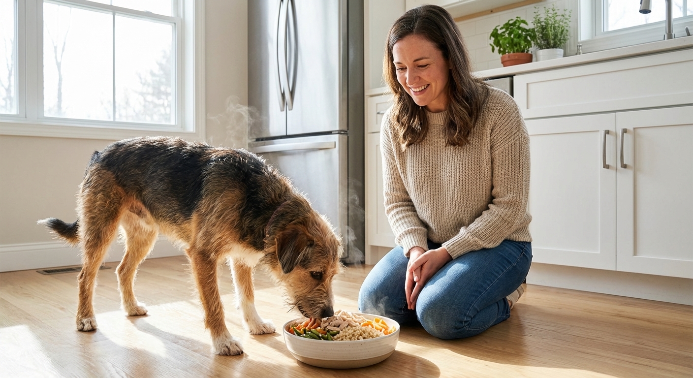 A medium-sized mixed breed dog eating from a bowl of homemade cooked food while an owner kneels nearby in a clean kitchen, candid lifestyle photography
