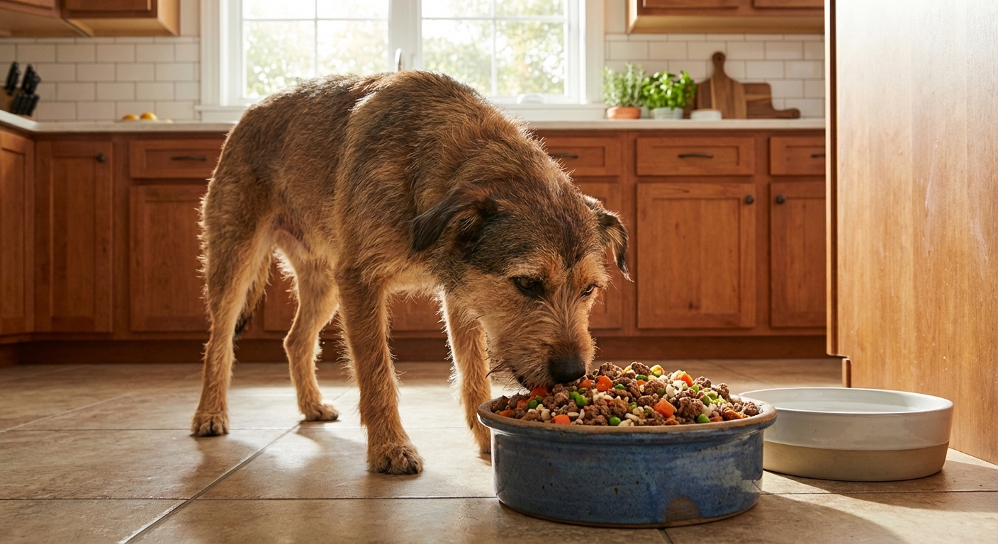 A medium-sized mixed breed dog eating from a ceramic bowl filled with homemade ground beef and vegetable dog food in a bright kitchen, photorealistic