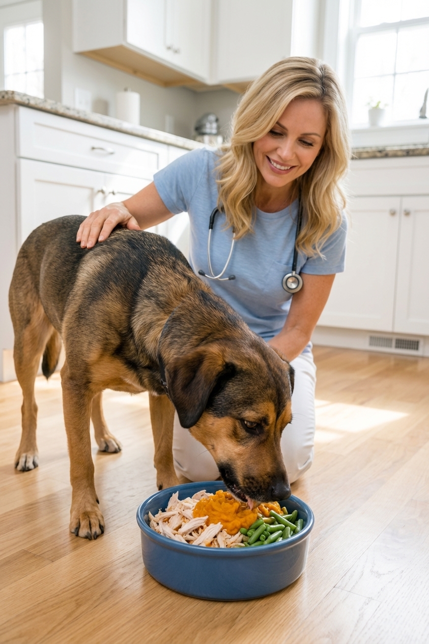 A medium-sized mixed-breed dog eating from a ceramic bowl filled with shredded chicken, pumpkin puree, and chopped green beans on a clean kitchen floor, candid photorealistic
