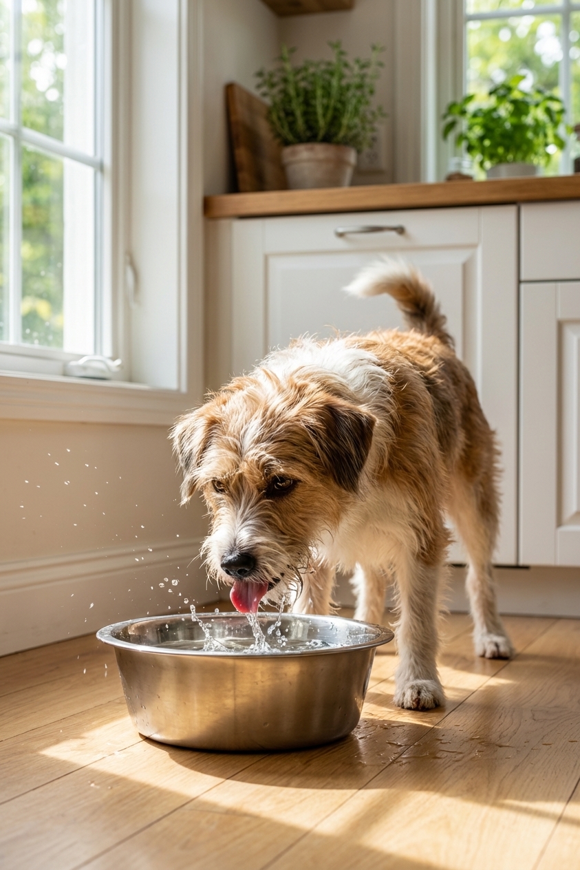 A medium sized mixed breed dog lapping fresh water from a stainless steel bowl in a bright kitchen, natural light, photorealistic