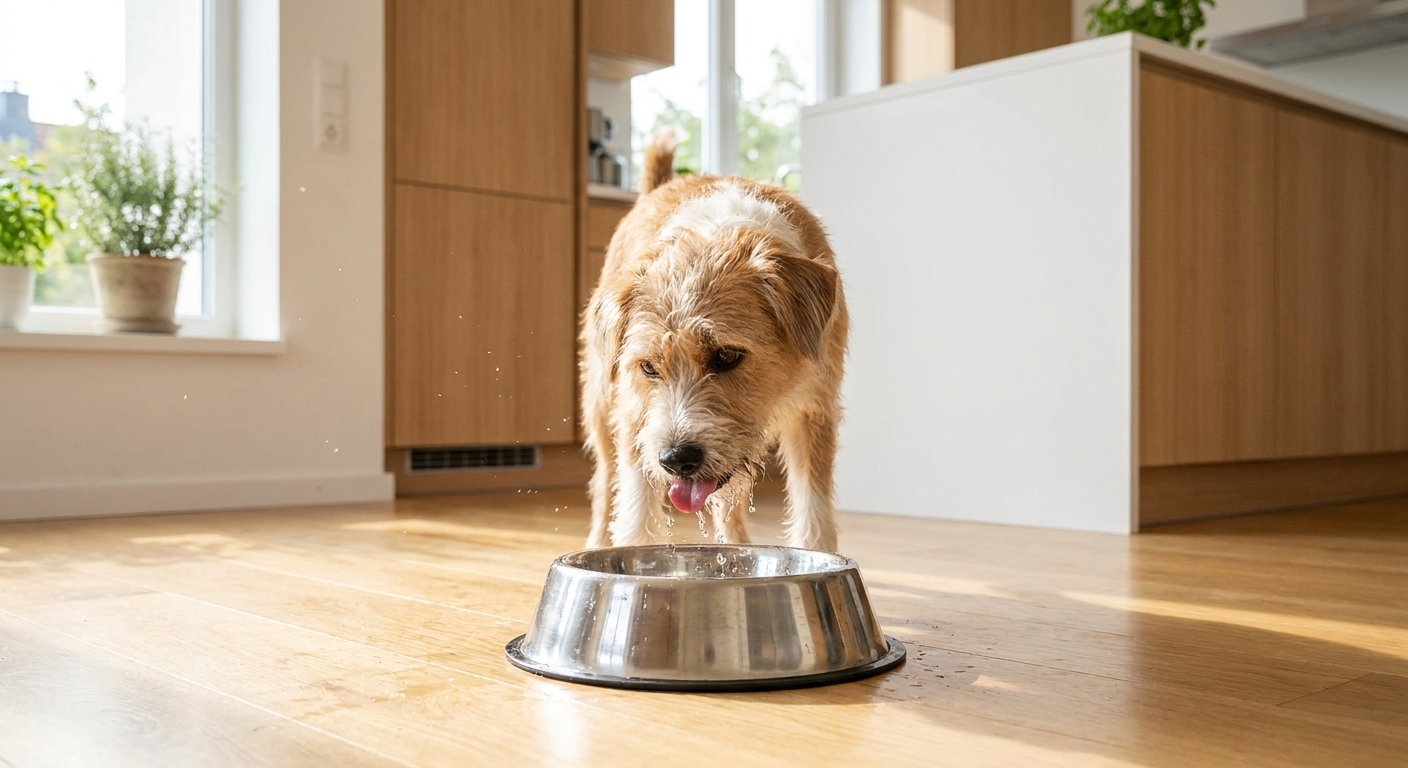 A medium-sized mixed-breed dog lapping fresh water from a stainless steel bowl on a bright kitchen floor, real photograph