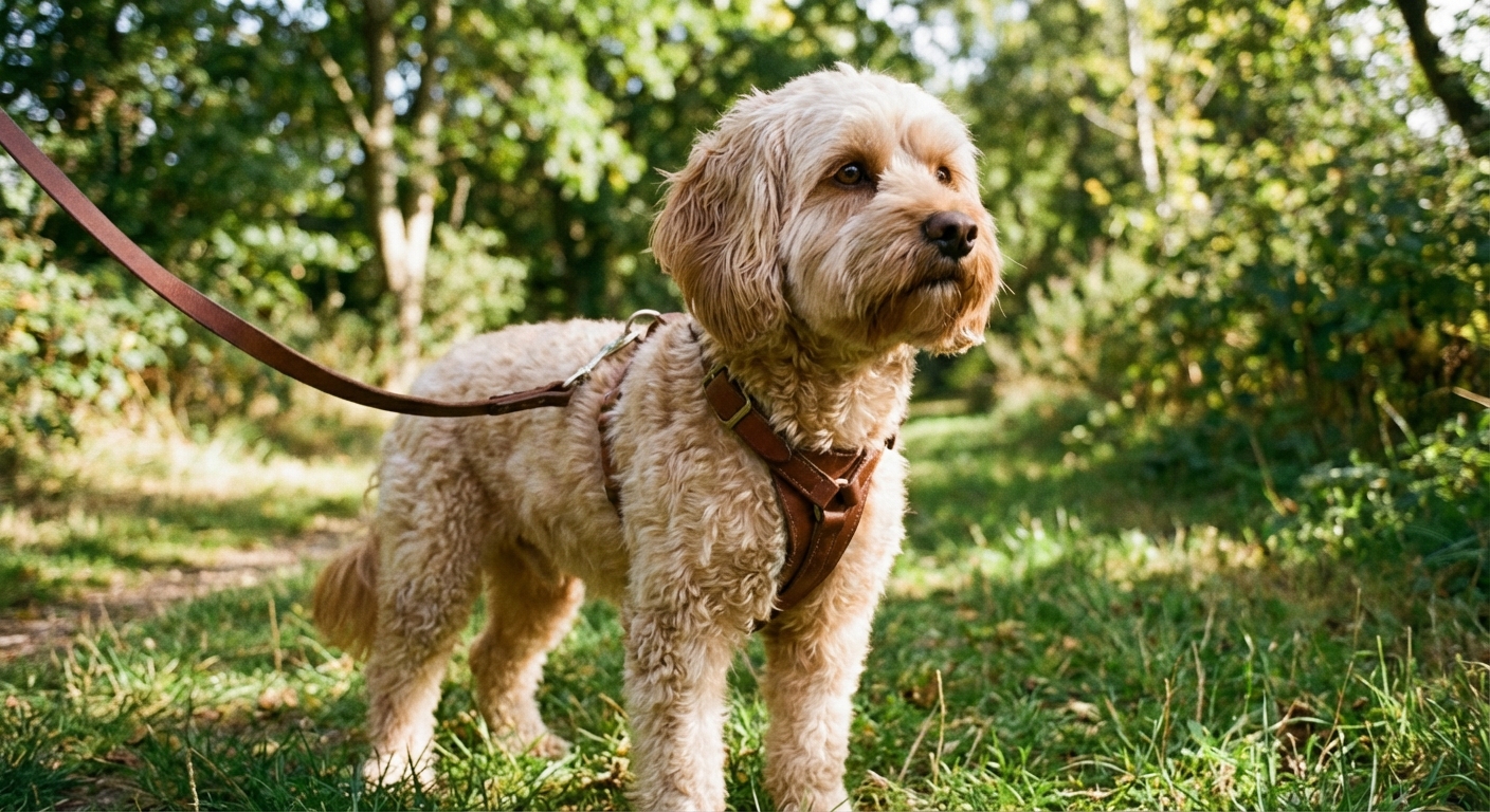 A medium-sized mixed breed dog looking alert while wearing a harness and leash outdoors