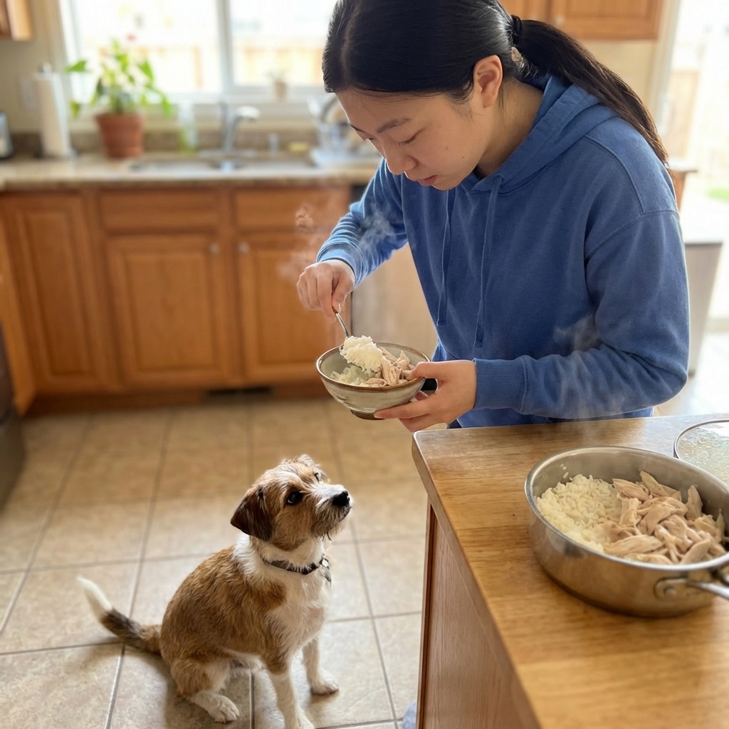 A medium-sized mixed-breed dog looking up while a person prepares a small bowl of plain cooked rice and chicken