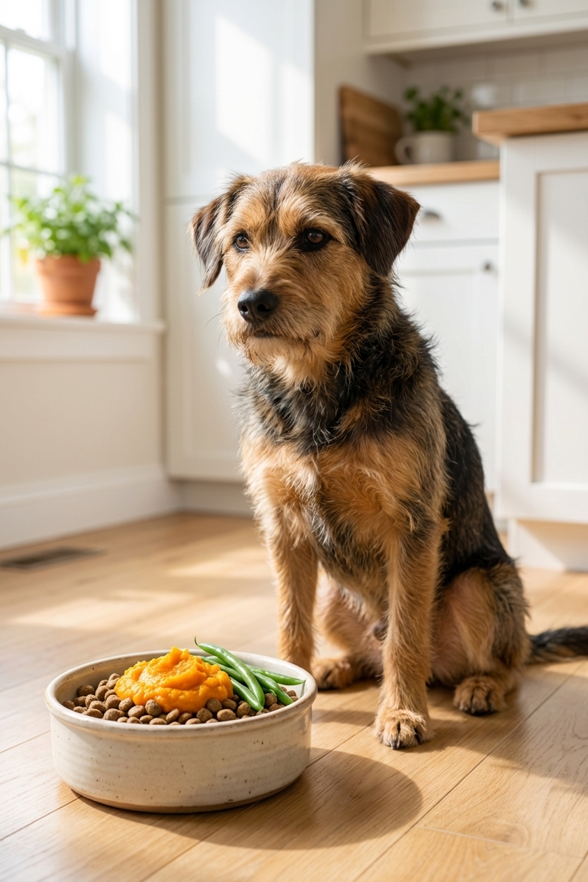 A medium-sized mixed-breed dog sitting beside a ceramic bowl of kibble topped with a spoonful of pumpkin puree and a few steamed green beans on a bright kitchen floor, natural window light, photorealistic