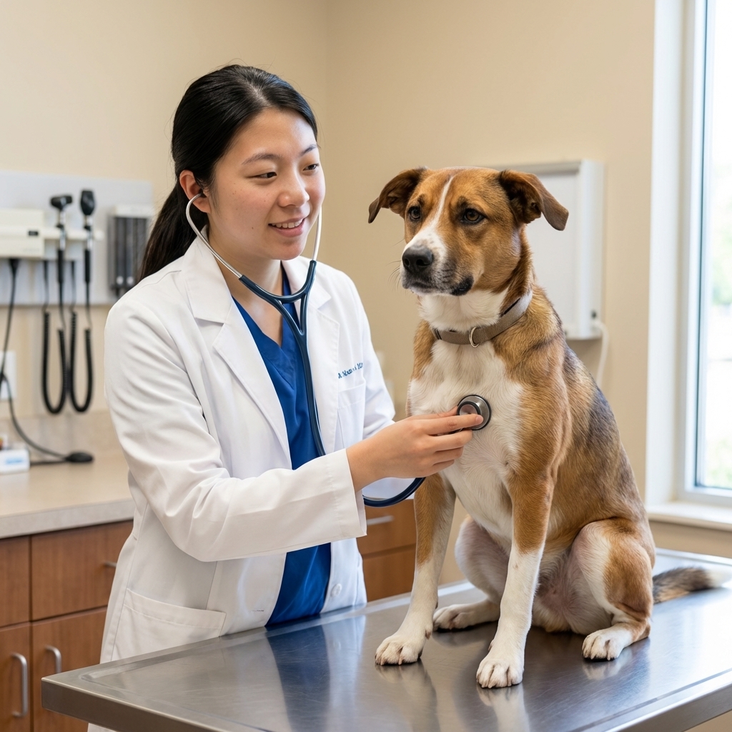 A medium-sized mixed-breed dog sitting calmly on a veterinary exam table while a veterinarian gently listens with a stethoscope in a bright clinic room, photorealistic