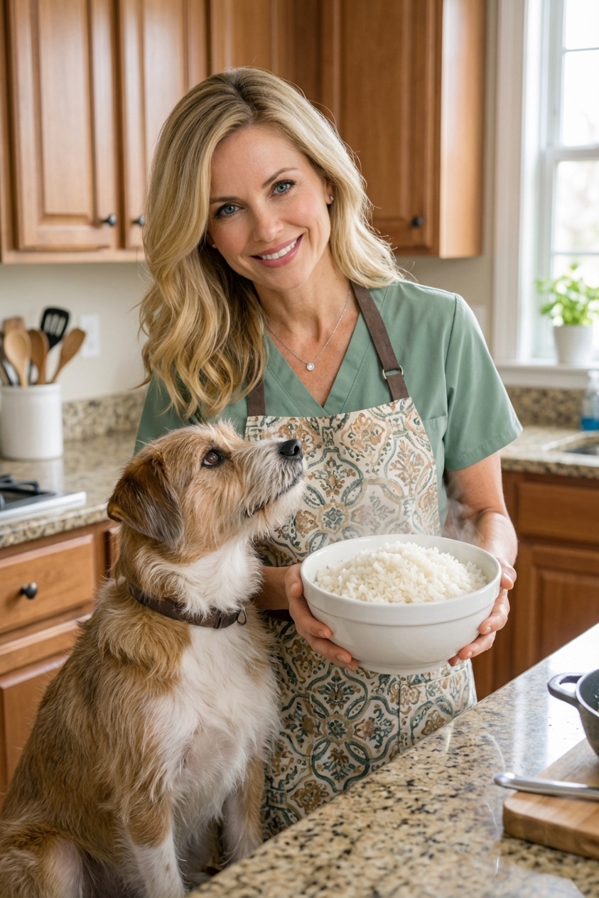 A medium-sized mixed-breed dog sitting in a kitchen while a person holds a bowl of cooked white rice