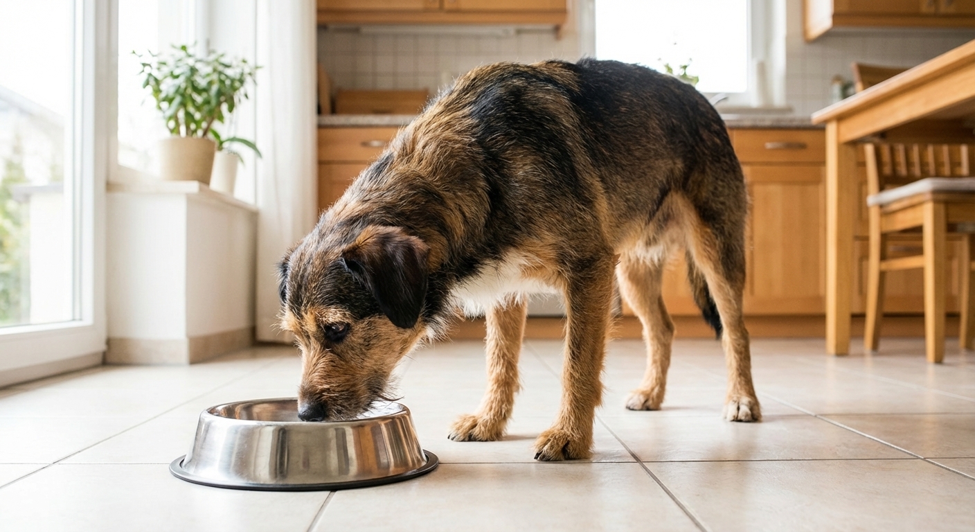 A medium-sized mixed-breed dog sniffing a stainless steel food bowl in a bright kitchen, natural window light, photorealistic