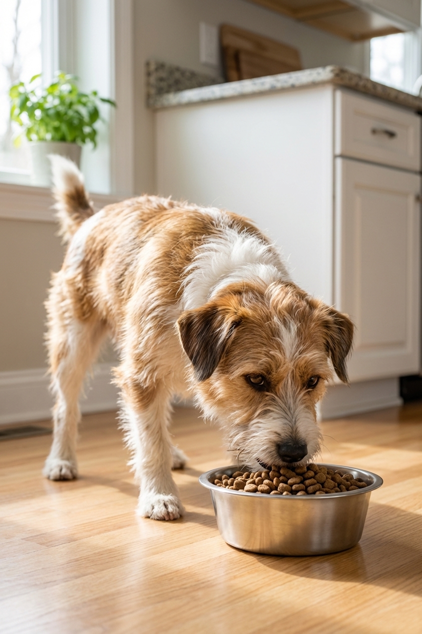 A medium-sized mixed breed dog standing in a kitchen eating dry kibble from a stainless steel bowl, natural indoor light, candid pet photography