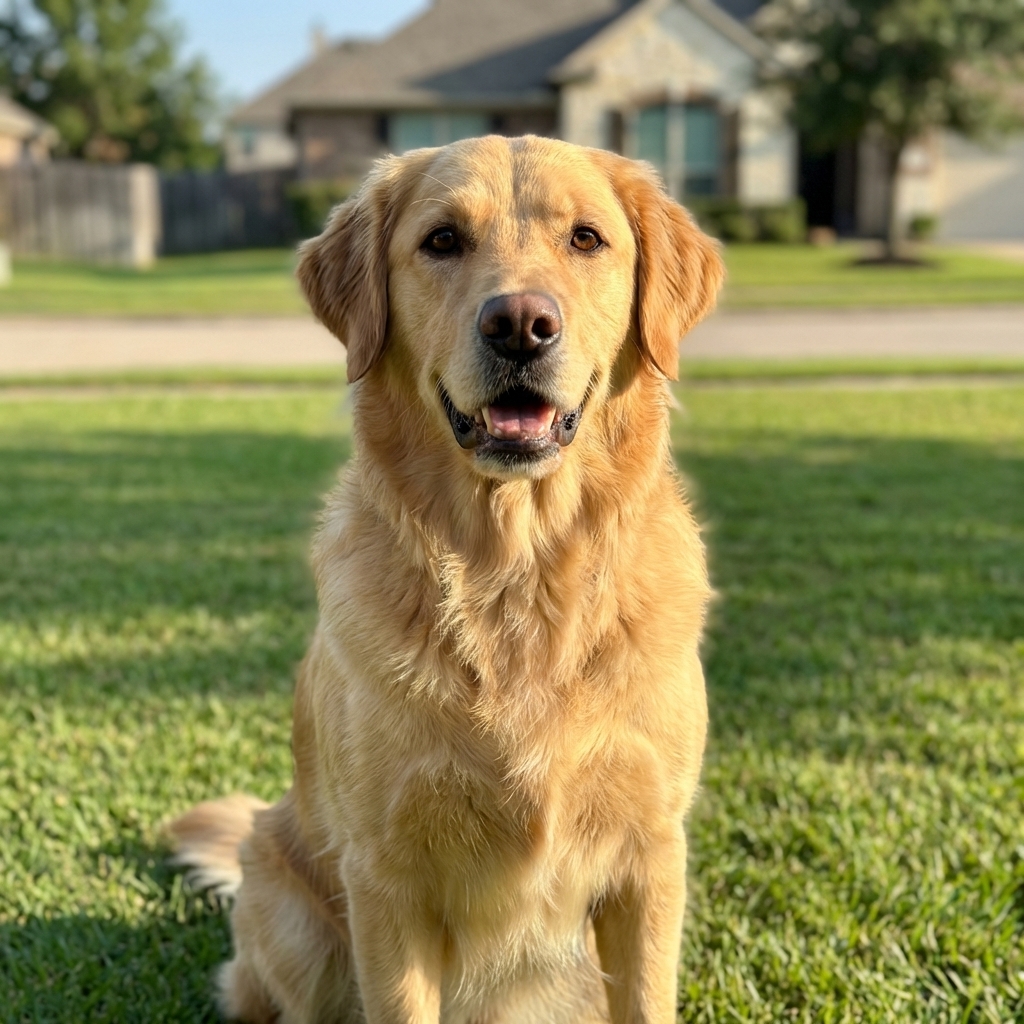 A medium to large Goldador sitting on a sunny suburban lawn looking at the camera, photorealistic natural light, shallow depth of field