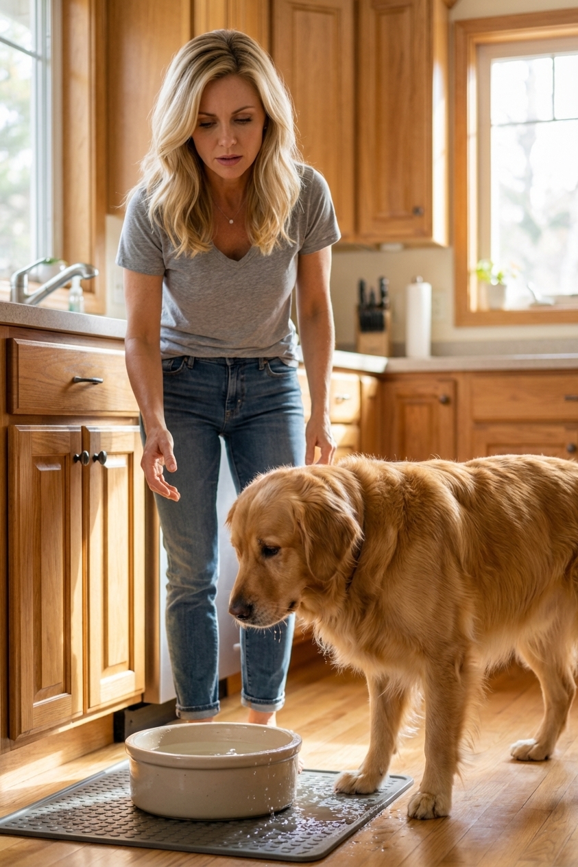 A medium to large dog standing near a kitchen water bowl with its head slightly lowered as if coughing after drinking, indoor home setting, natural candid photo