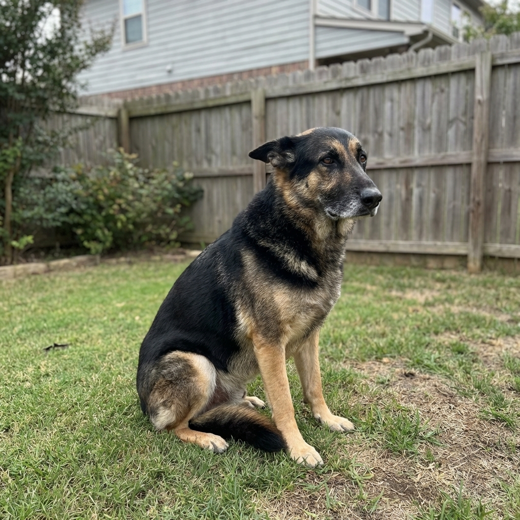 A middle-aged German Shepherd Dog sitting in a backyard with its tail down and a slightly tense posture, realistic outdoor photography style