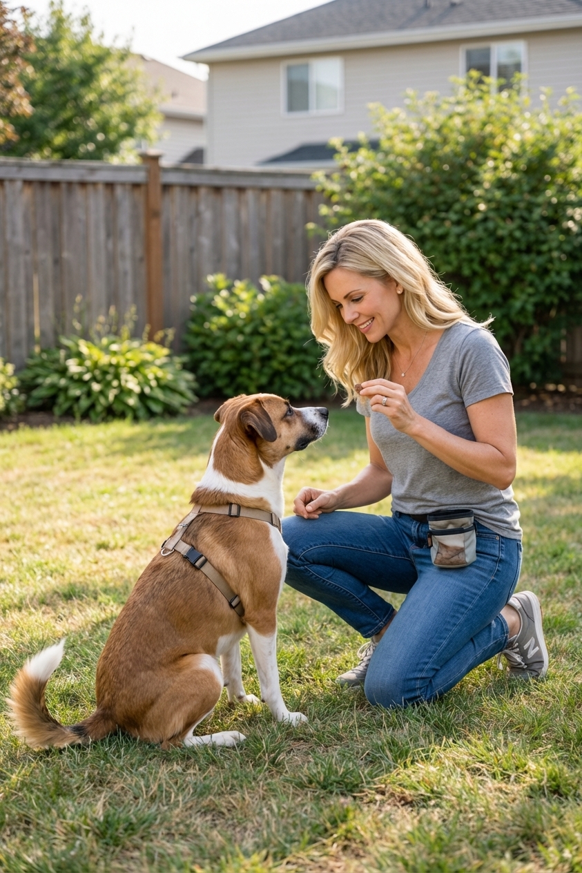 A mixed-breed dog focused on an owner during a positive reinforcement training session in a suburban backyard, realistic action photo