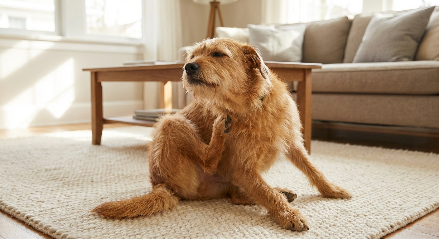 A mixed-breed dog gently scratching its neck while sitting on a living room rug