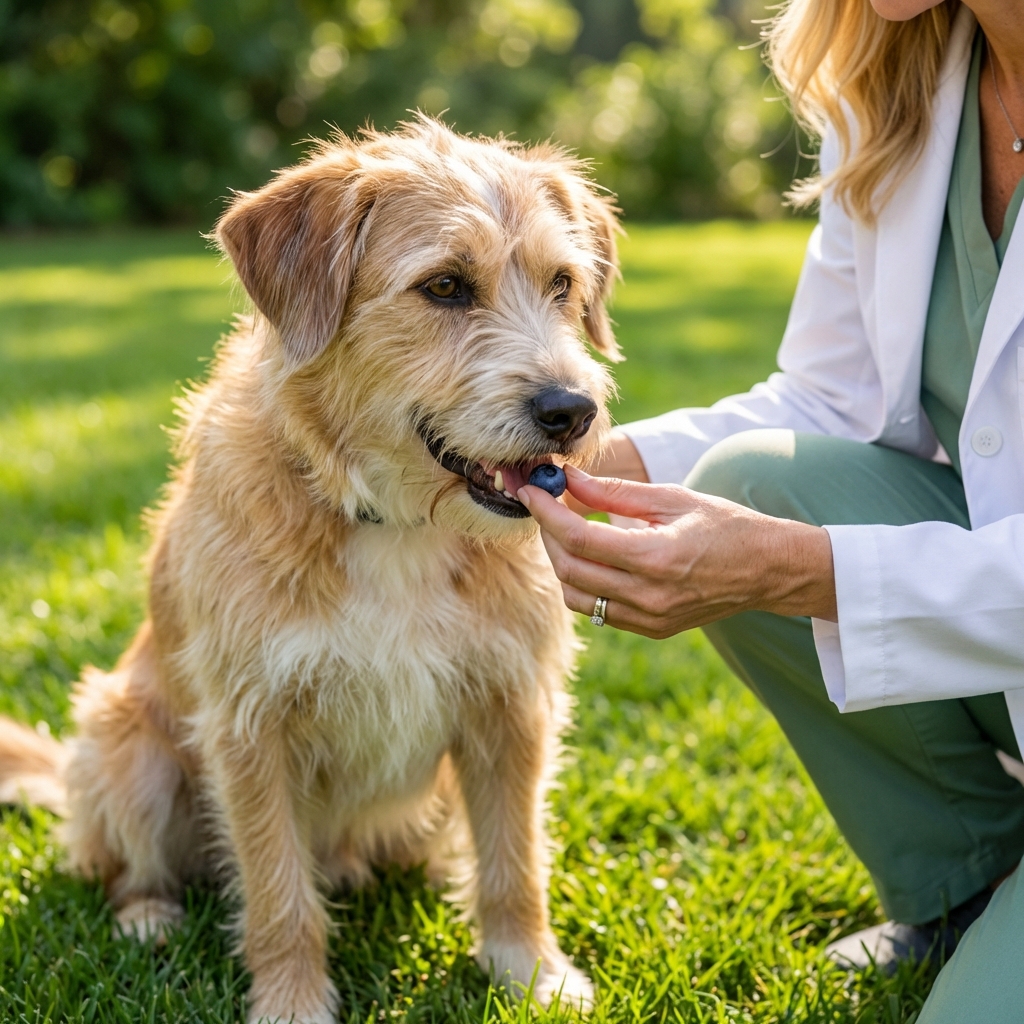 A mixed-breed dog sitting on grass gently taking a blueberry from a person’s fingertips