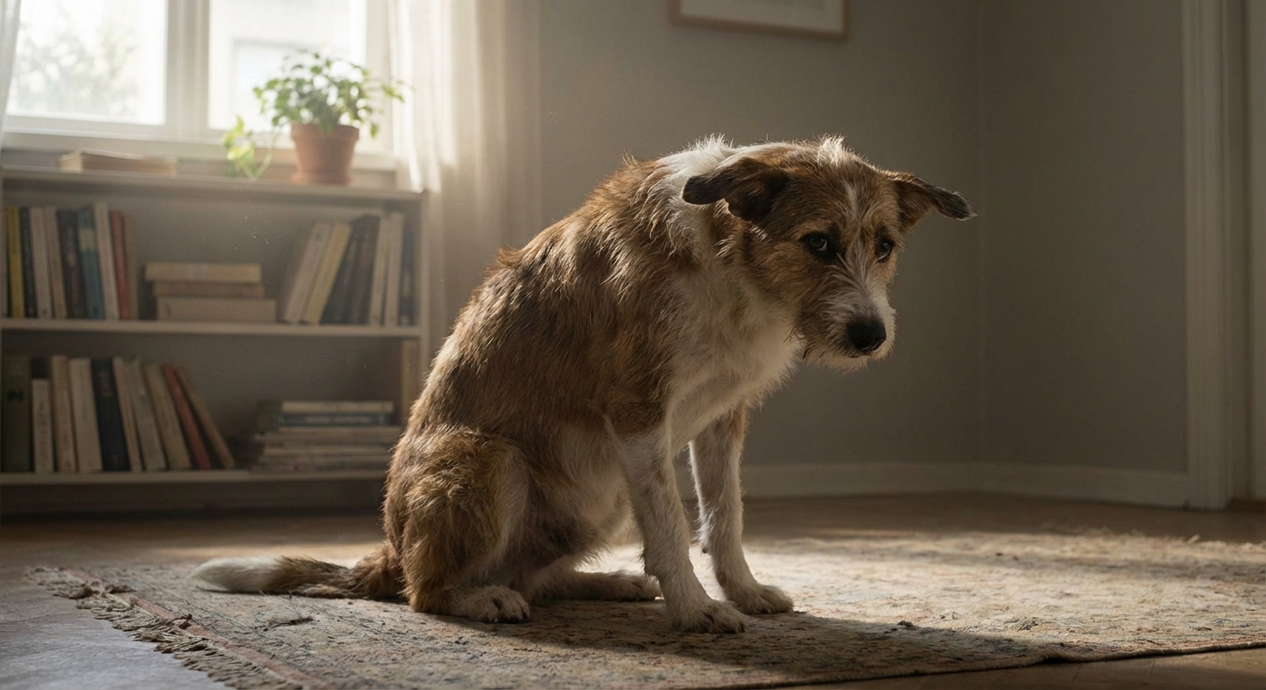 A mixed-breed dog sitting with a hunched posture and ears held back in a quiet room