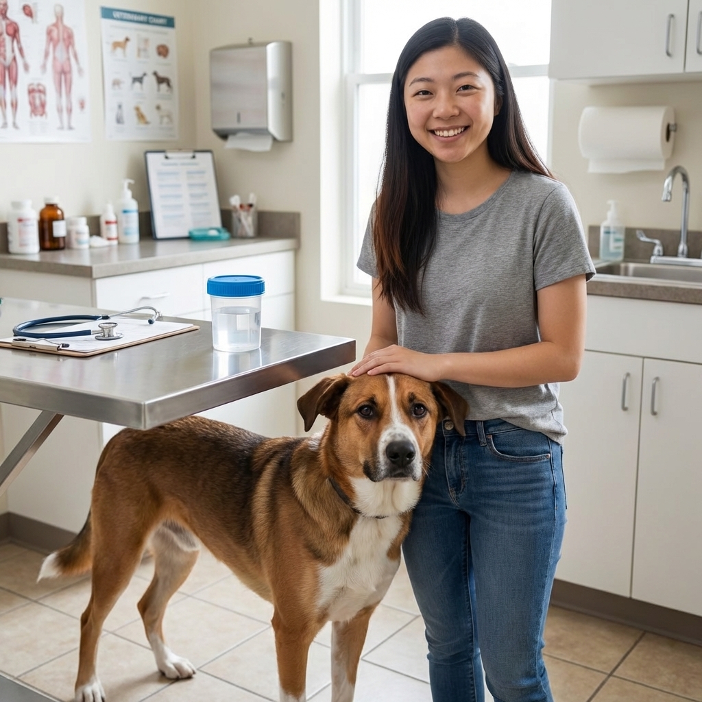 A mixed breed dog standing calmly beside a pet parent in a veterinary exam room while a stool sample container sits on the counter, realistic photography