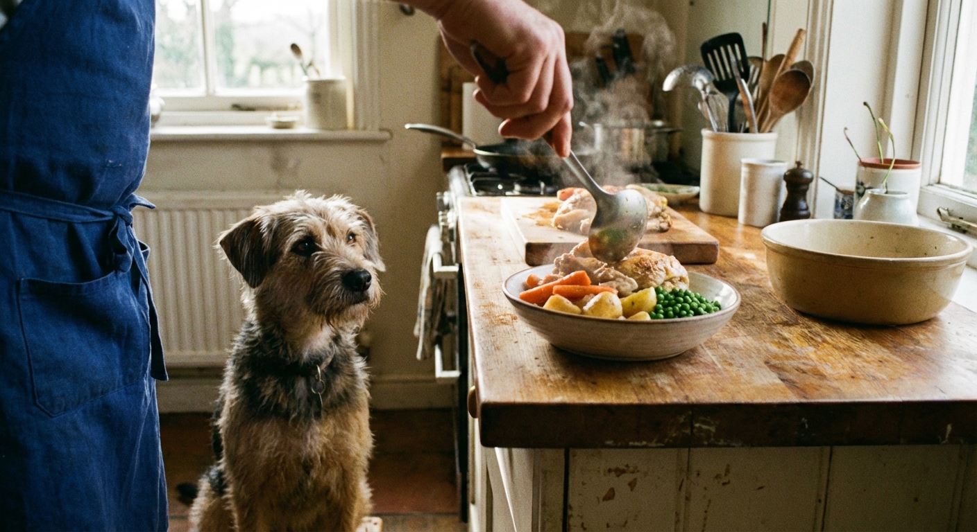 A mixed-breed dog watching a person place cooked chicken and vegetables into a bowl on a kitchen counter