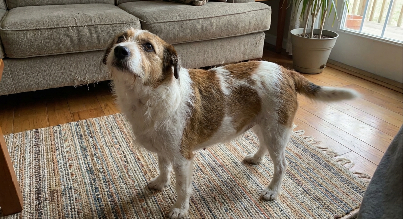 A mixed-breed dog with a rounded belly standing on a living room rug while looking up at the owner