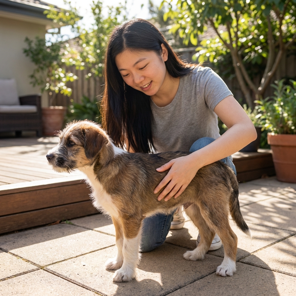 A mixed-breed puppy standing sideways on a patio while a person gently checks the puppy's ribs with their hand