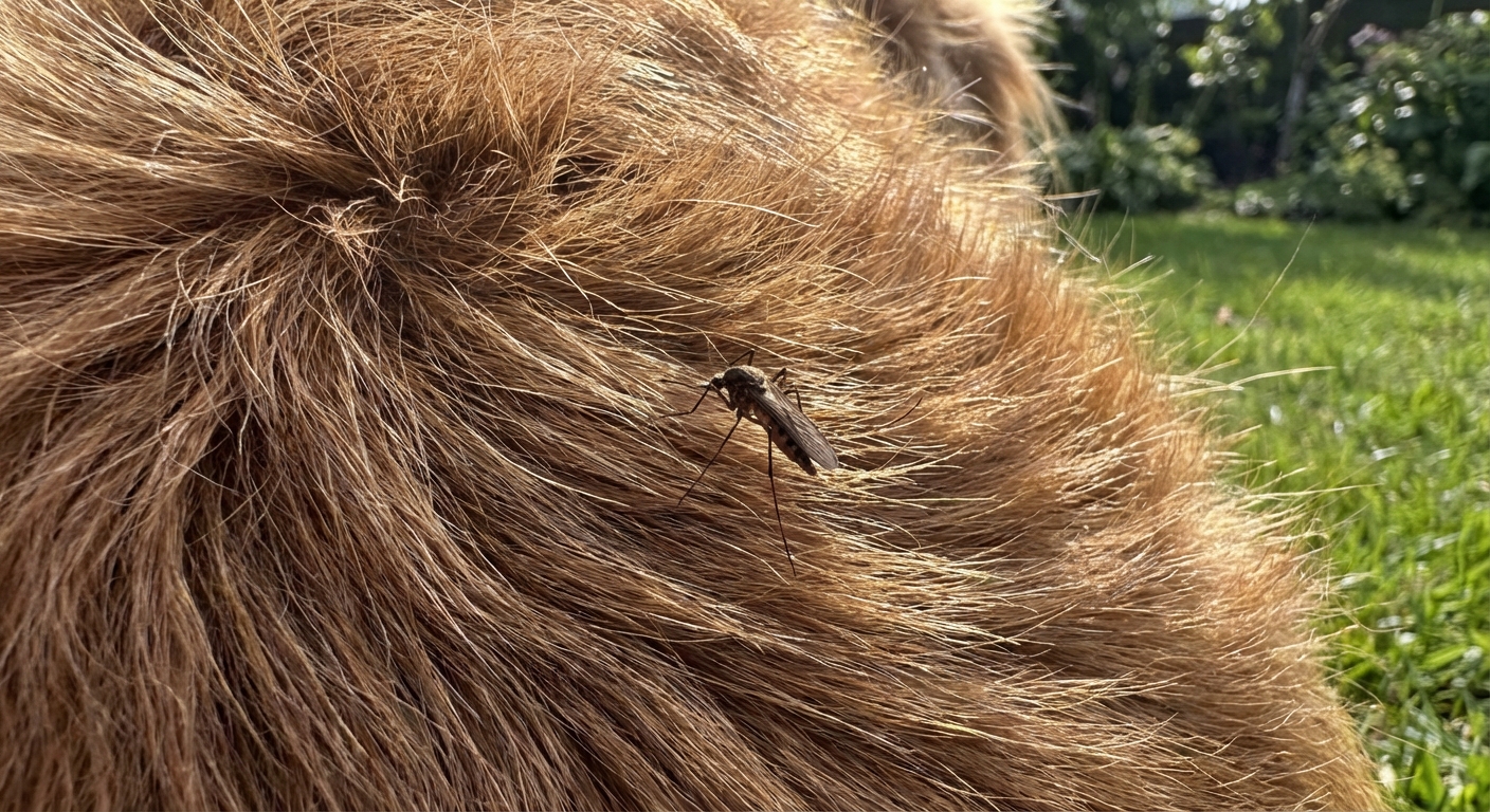 A mosquito resting on a dog's fur outdoors in natural daylight