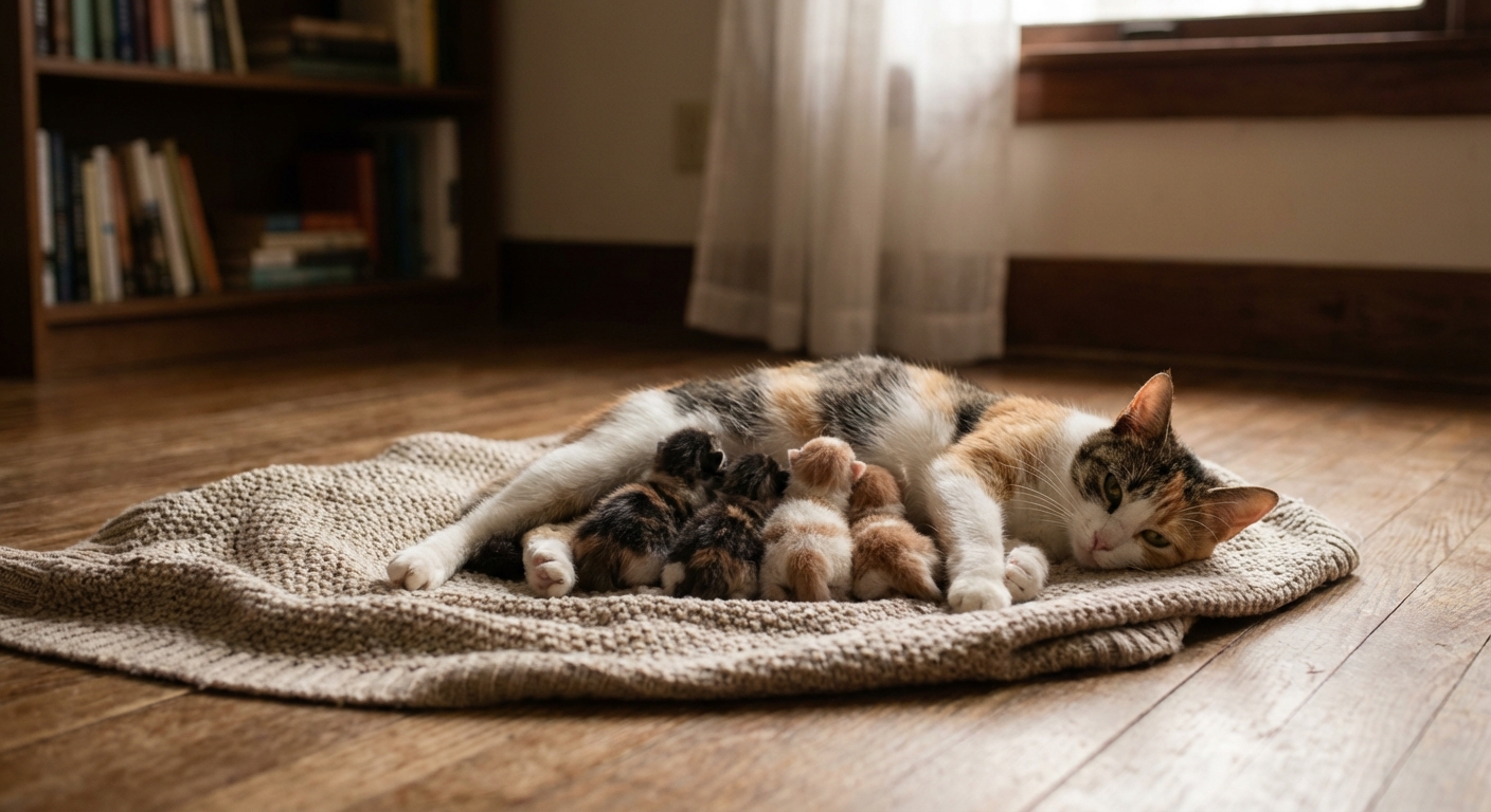 A mother cat lying on a blanket nursing a small litter of newborn kittens in a quiet room