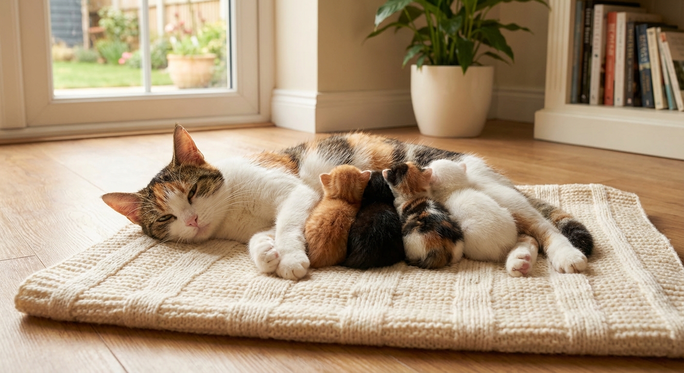 A mother cat nursing a small litter of kittens on a blanket in a quiet room