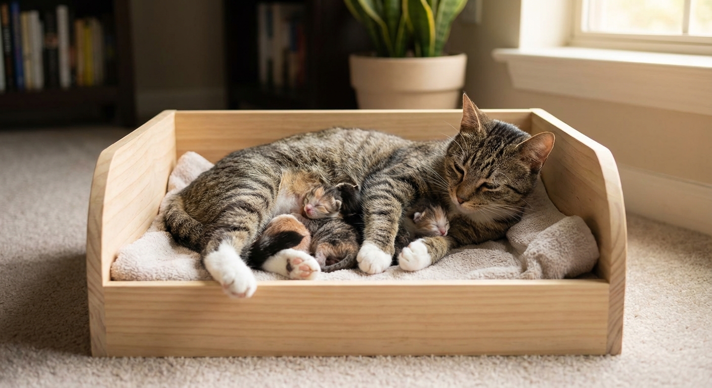 A mother cat nursing several newborn kittens in a clean nesting box