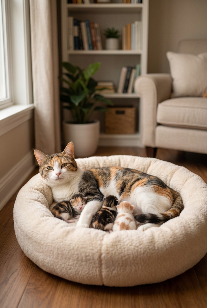 A mother cat resting in a soft bed while nursing kittens in a quiet indoor room