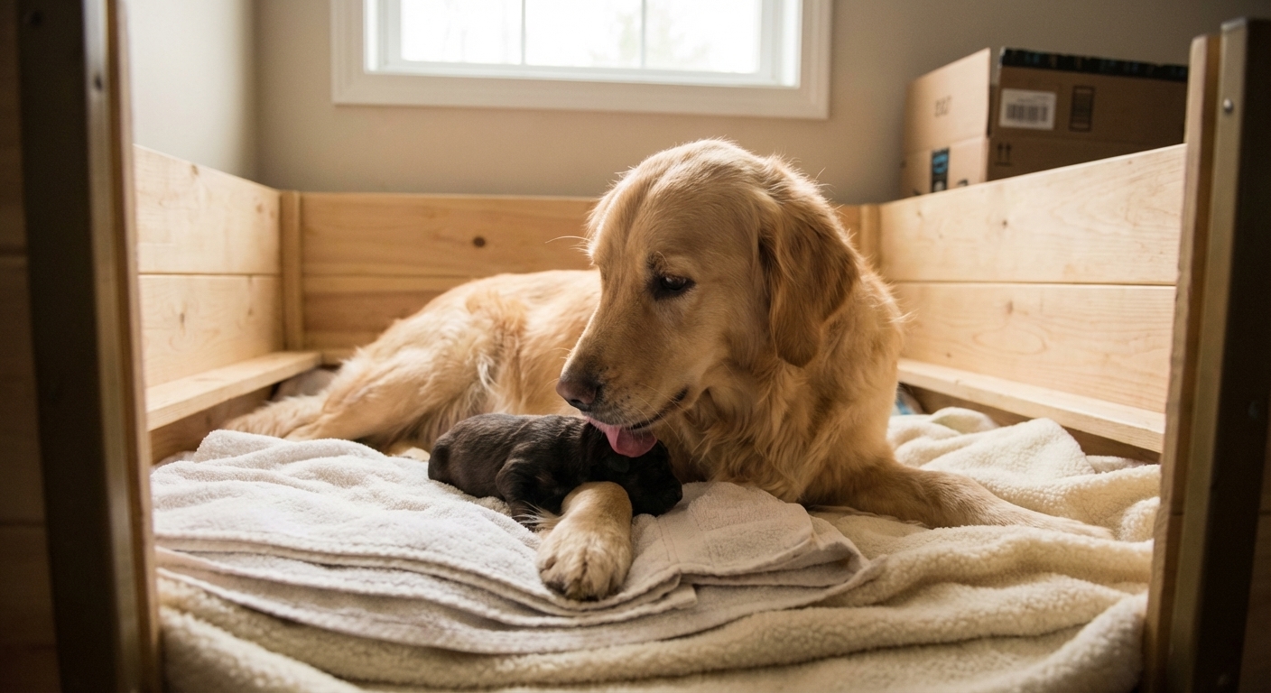 A mother dog gently licking and cleaning a newborn puppy on fresh, clean bedding in a quiet indoor whelping room, real-life photography style
