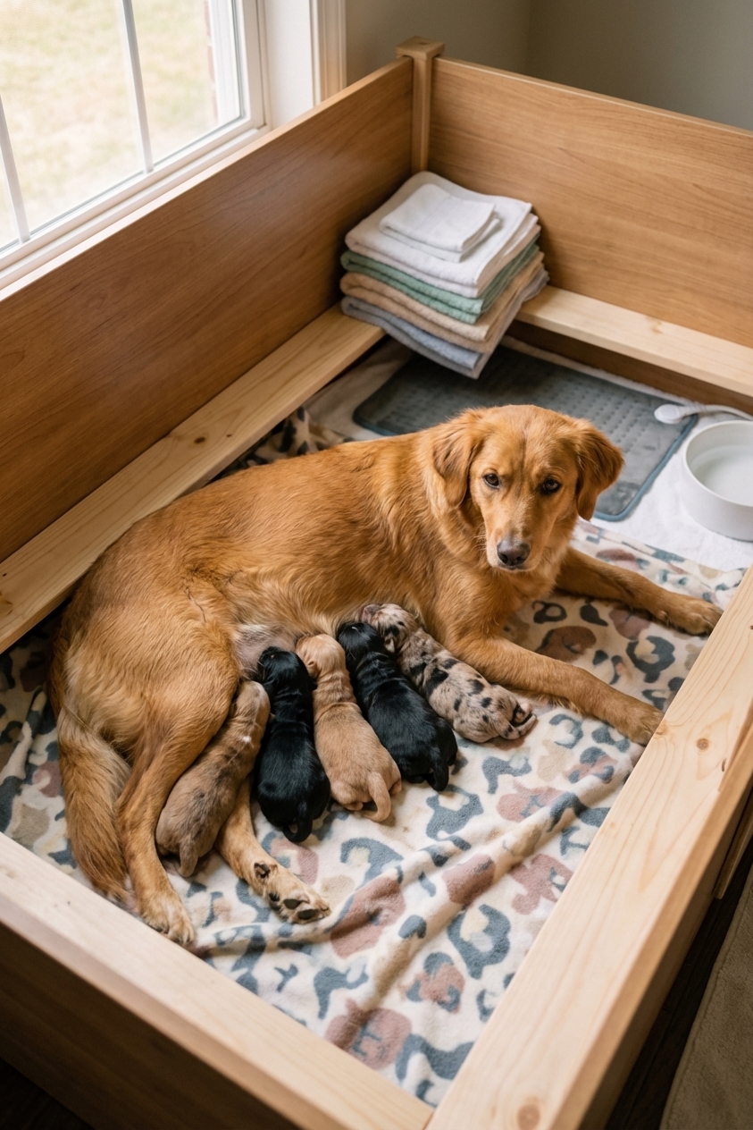 A mother dog lying on a blanket in a clean home whelping area with several young mixed-breed puppies nursing, warm indoor photo