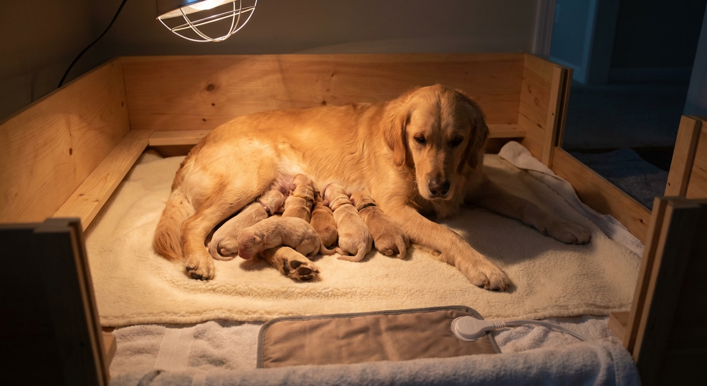 A mother dog lying on a clean blanket while her newborn puppies nurse in a warm, softly lit whelping area