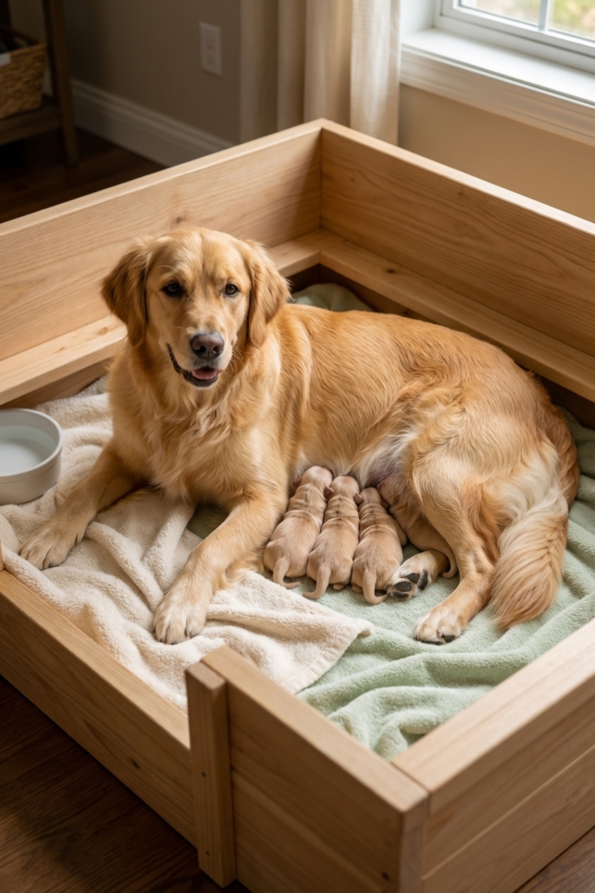 A mother dog lying on her side while several newborn puppies nurse in a clean whelping box with soft blankets, realistic photography