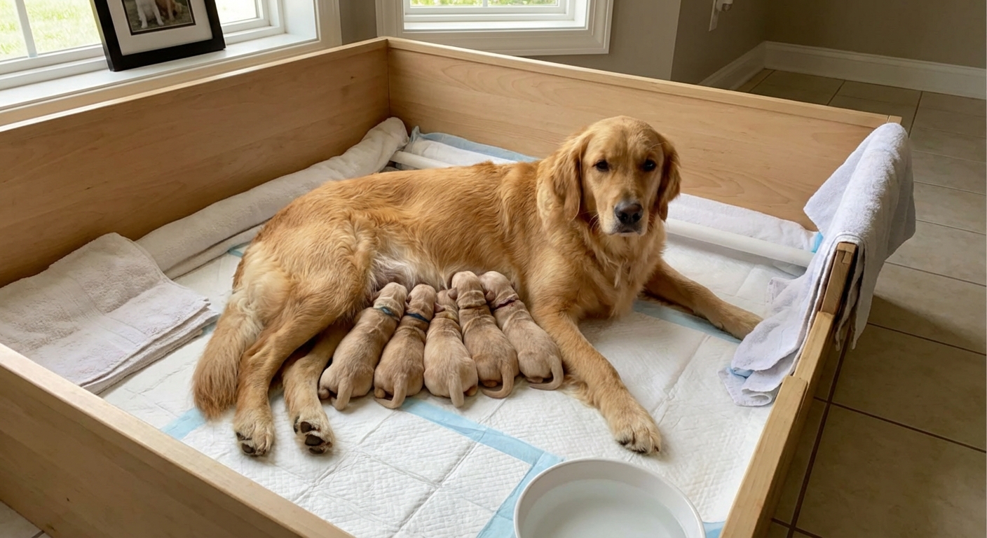 A mother dog lying with her newborn puppies nursing in a clean indoor whelping area