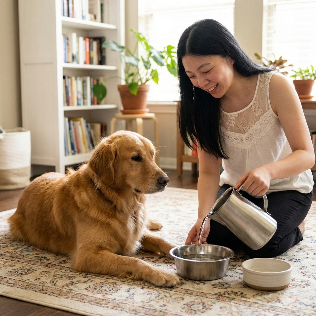 A mother dog resting comfortably in a quiet room while a person refills a water bowl nearby