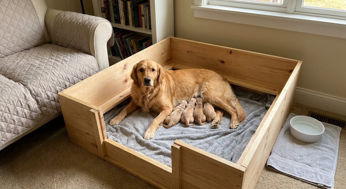 A mother dog resting in a clean whelping box while her newborn puppies nurse, showing a calm postpartum care setting in a home