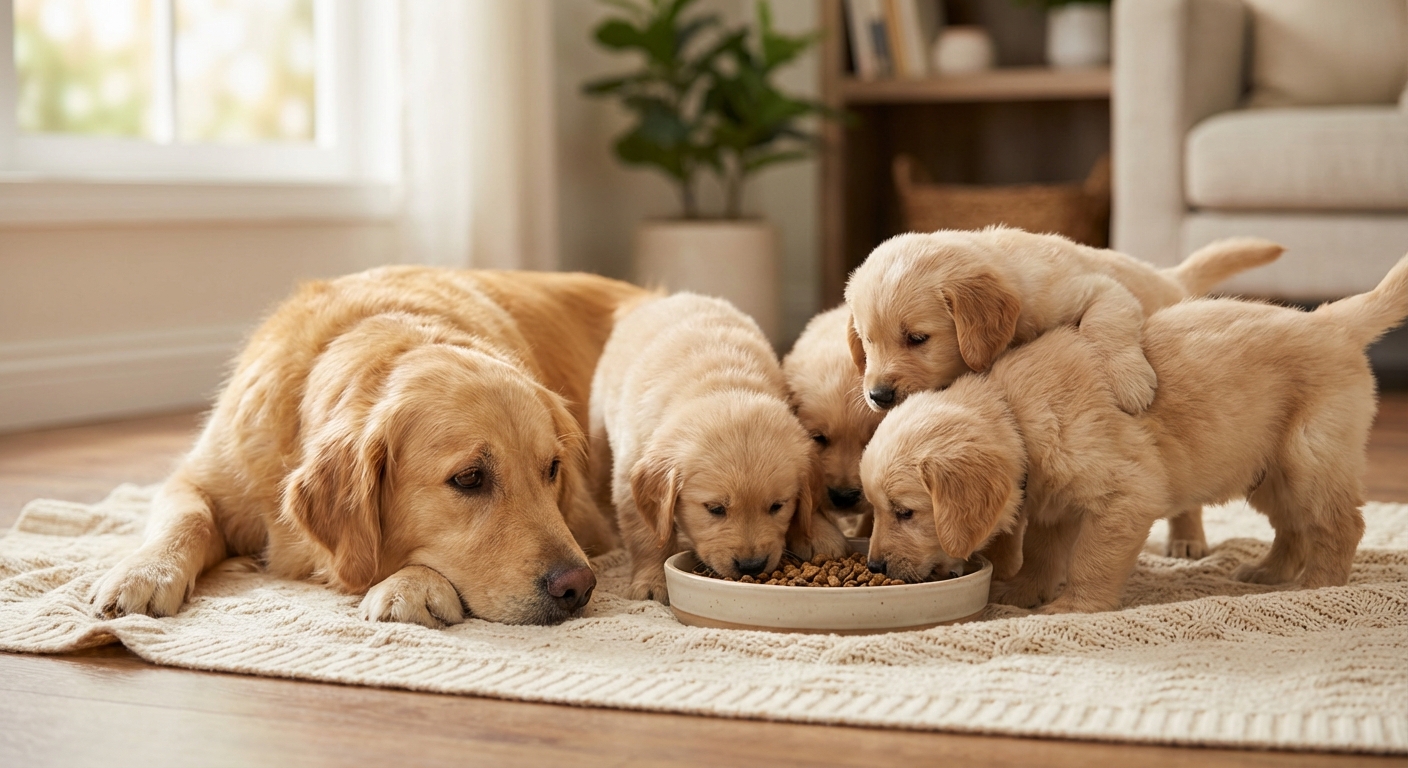A mother dog resting on a blanket while several puppies explore a shallow food dish nearby