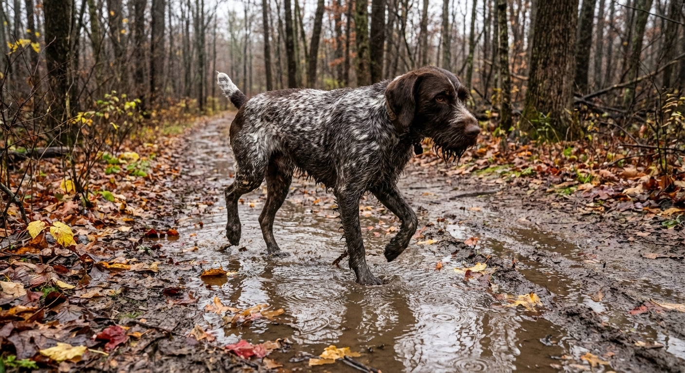 A muddy hunting dog walking on a damp wooded trail after rain, with leaf litter and puddles visible, real photograph style