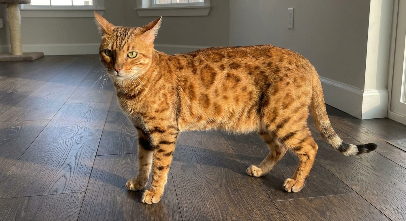 A muscular Cheetoh cat standing on a hardwood floor with a spotted coat and alert ears