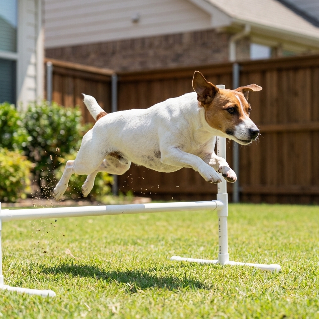 A muscular Jack Russell Terrier mid-jump over a low agility hurdle in a sunny backyard, action photography style
