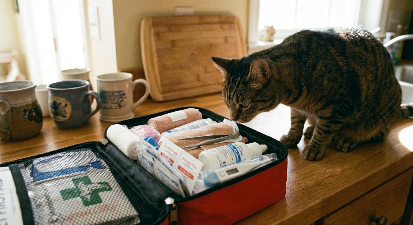 A neat cat first aid kit laid open on a kitchen counter with gauze and saline bottles visible