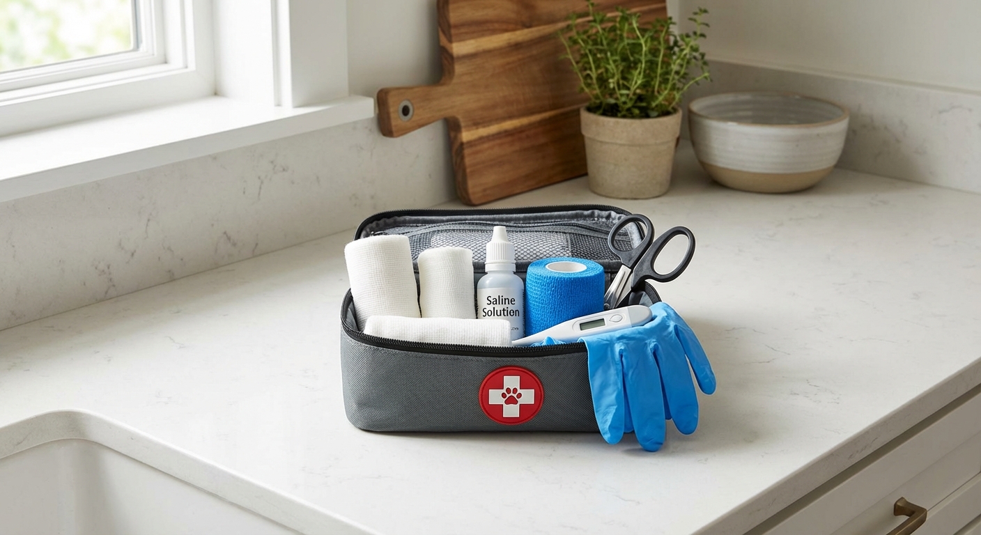 A neatly arranged dog first aid kit on a kitchen counter with gauze, saline, bandage wrap, and gloves