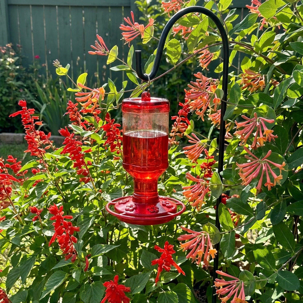 A nectar feeder hanging a few feet from blooming salvia and coral honeysuckle in a backyard garden