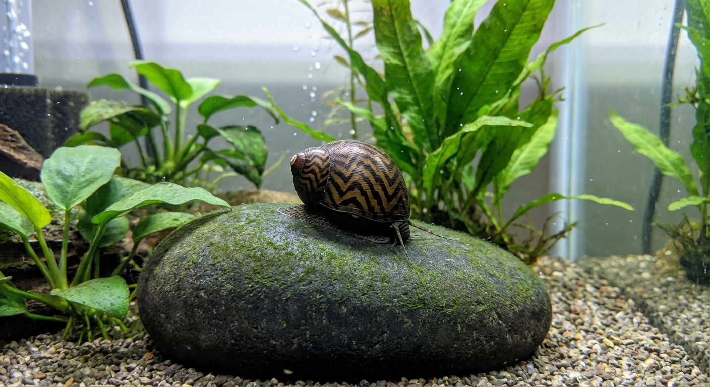 A nerite snail crawling on a smooth rock in a planted freshwater aquarium