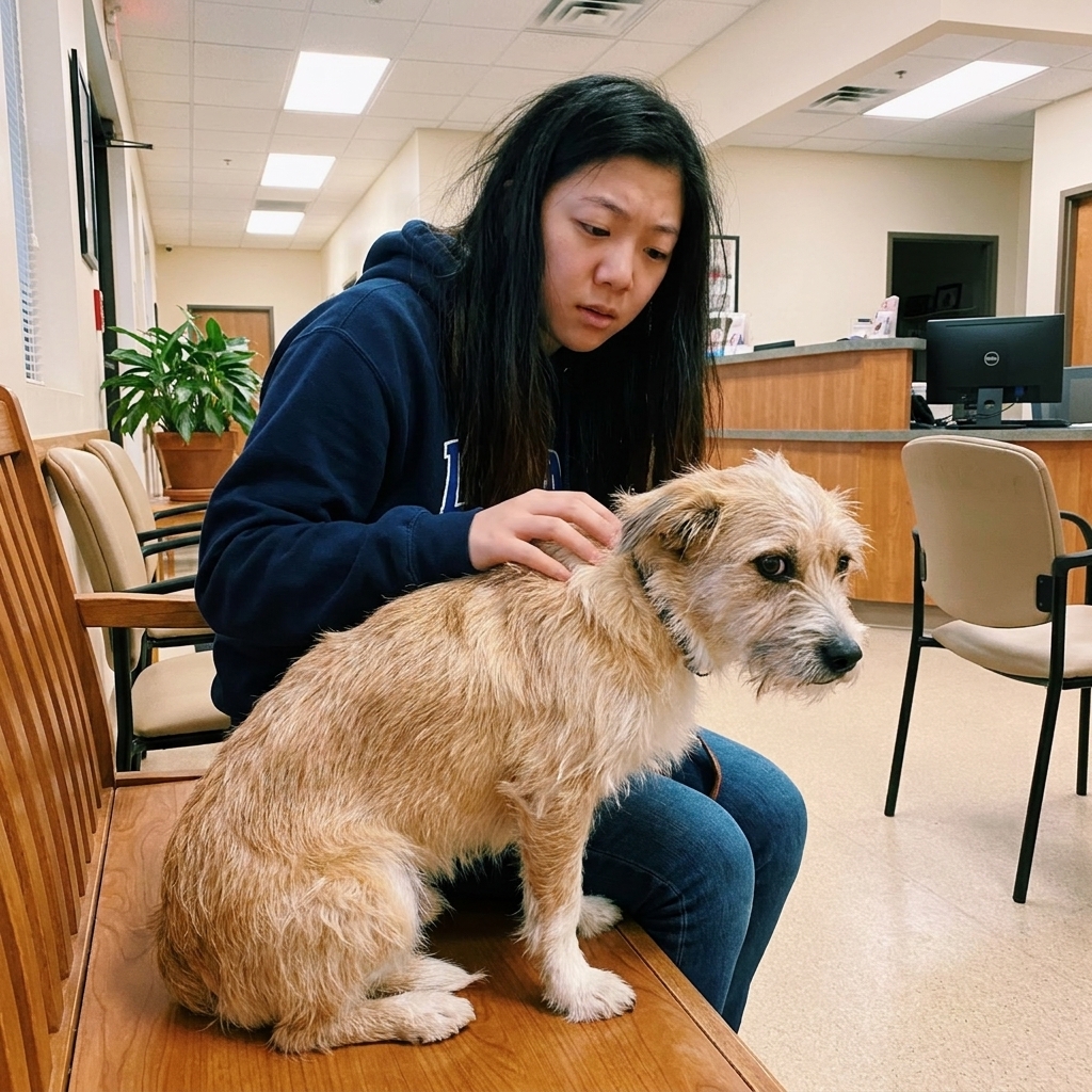 A nervous mixed-breed dog sitting close to their owner on a bench in a veterinary clinic waiting room, looking worried while the owner offers gentle reassurance